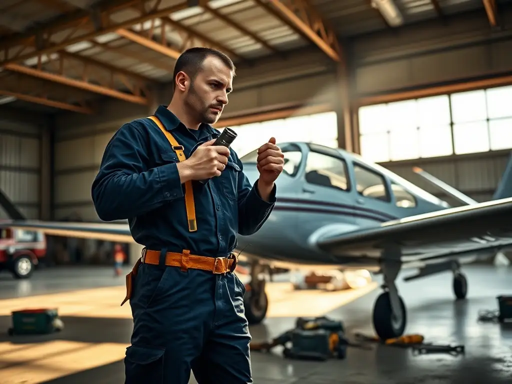 A mechanic performing a detailed check on the wing of a small airplane inside a hangar.