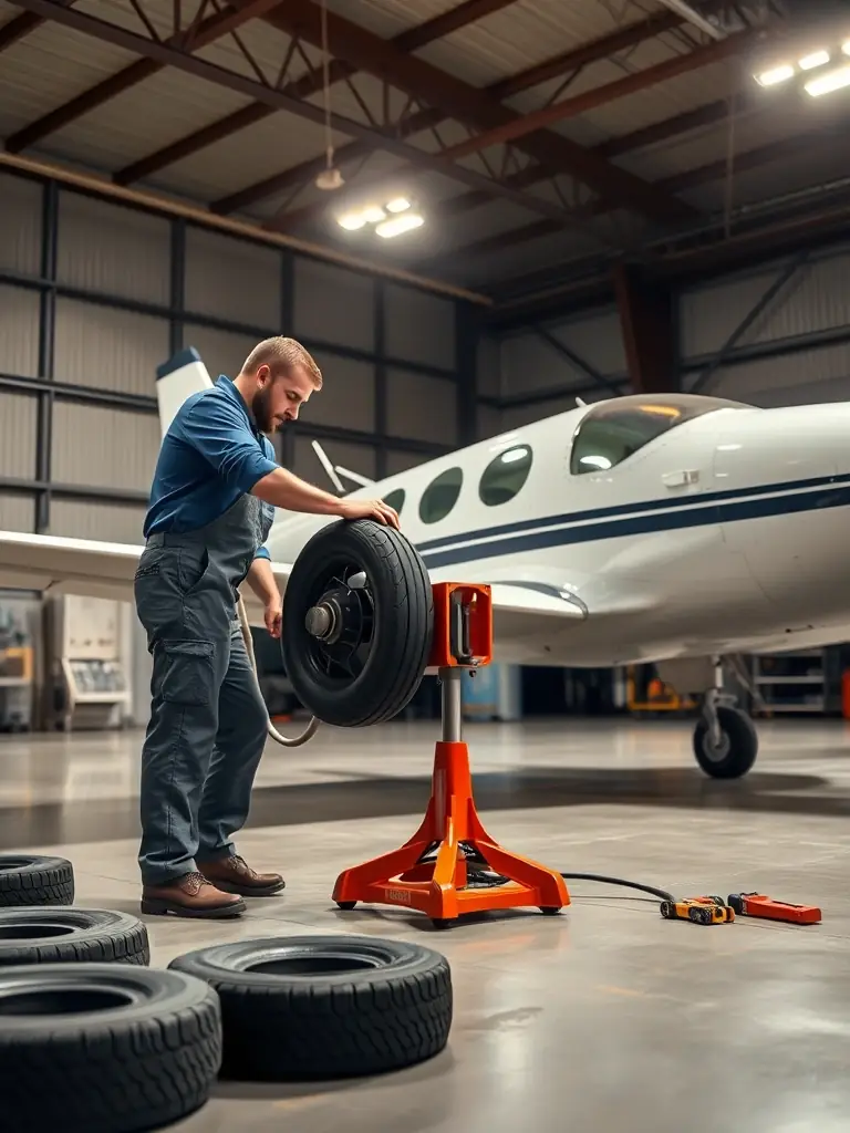 A mechanic replacing worn tires on a general aviation aircraft at French Valley Aeroworks, emphasizing safety and reliability.