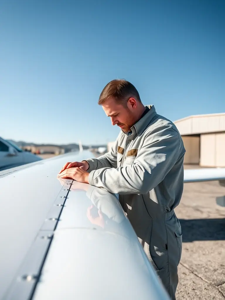 A mechanic carefully inspecting the wing of a general aviation aircraft for structural integrity at French Valley Aeroworks.