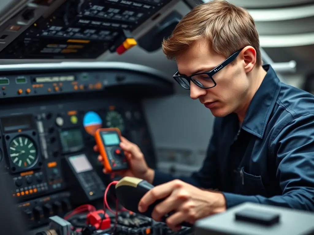 A close-up shot of a technician working on the avionics system of an aircraft, using specialized diagnostic tools.