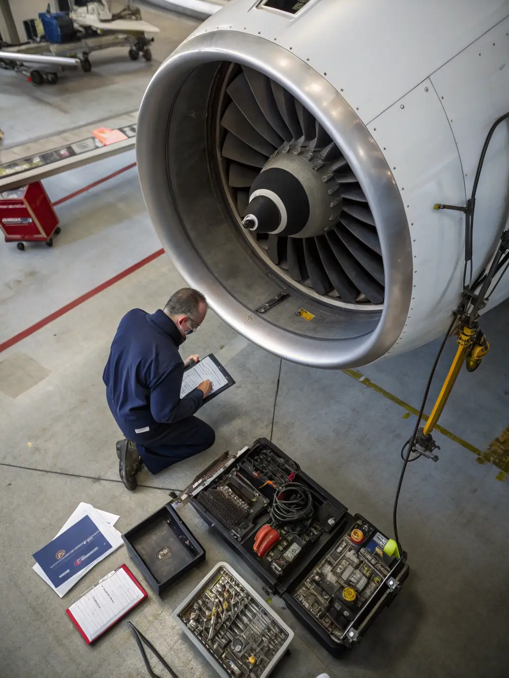 A mechanic performing a detailed inspection of an aircraft engine inside the French Valley Aeroworks hangar, with various tools and equipment visible in the background.