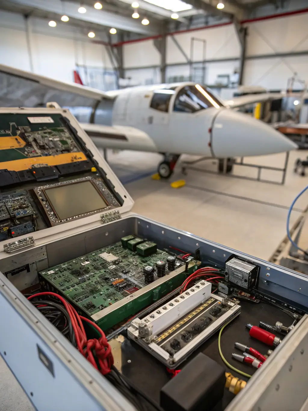 A mechanic using specialized diagnostic equipment to troubleshoot an aircraft's avionics system at French Valley Aeroworks.