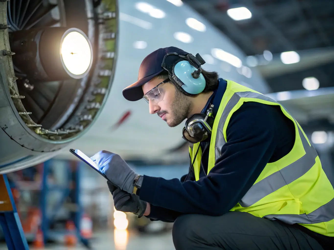 An aircraft technician inspecting an airplane engine during maintenance, with various tools and equipment visible in the background.